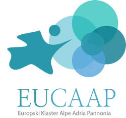 Texto alternativo Logo EUCAAP: El logotipo del Cluster Europeo Alpe Adria Pannonia tiene 6 círculos de diferente intensidad de color azul que representan la propia región de los Alpes Adria Pannonia, es decir, partes de Italia, Austria, Hungría, Croacia, Eslovenia y Vojvodina de Serbia. Además, hay una imagen estilizada del mar Adriático en forma de pájaro que sobrevuela estas regiones, de color azul. Debajo figura la abreviatura de la primera letra del nombre de la organización, es decir, EUCAAP, en color azul.