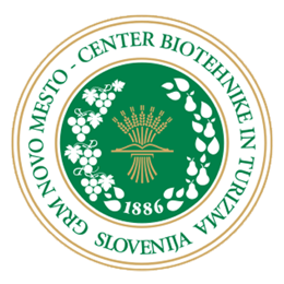 Grm Novo mesto logo is round with two golden circles around. Unider the circles is written Grm Novo mesto – center biotehnike in turizma Slovenija in dark green color. In the inner side of the wording is another gold circle, followed in the middle by white grapes and grape leaves on the left side and pears and pear leaves on the right side on the dark green basis. In the middle of the logo is golden sheaf of grains with open book in the middle. Under the sheaf is year 1886 in white numbers.
