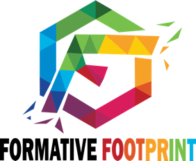 Formative Footprint logo is a hexagon with a capital F inside. It is coloured after the rainbow, and the capital F inside of the hexagon breaks the 2 sides of the shape. Inside every side of the hexagon, different other geometric shapes are included, and differentiated by colours, mostly triangles and trapezius. Those, altogether shape the logo in a 6-sided geometrical shape, with 2 broken sides. Above the hexagon, a writing of Formative Footprint appears, with the first word in white, and the second in rainbow colours, in the same style of the shape.