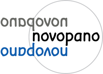 The novopano logo shows a light grey circle on white ground and a black lettering novopano in the center. Shifted to the left are two letterings novopano. One horizontally mirrored over the center in gray. One vertically mirrored in jeans blue under the center. The logo symbolises the 360° view in panorama pictures.
