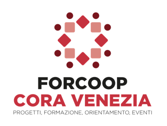 Forcoop Cora Venezia logo is a circle made up of different shapes. The shapes are of three types: squares, diamonds and balls. The squares represent the training rooms, the diamonds are the projects and the balls are the people. These shapes are alternated to form a circle. The shapes are different colours: the squares are pink, the diamonds are red, the balls are brown. Overall they give life to a dynamic shape as if people were around a table. Under this shape, centered, appears the writing Forcoop in black and Cora in red, under this writing, always centered, another writing made up of four words: projects, training, orientation, events.