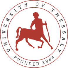 The logo of the University of Thessaly is two homocentric brick-coloured red circles on a white background, with a brick-coloured red centaur in the centre. Centaurs were mythological creatures that lived on Mount Pelion, half-human from the waist up and half-horse. They lived in caves and hunted wild animals armed with stones and sticks. The University got this logo from these mythological creatures because its headquarters is located in the city of Volos, near Mount Pelion. Between the two circles in circular capital letters in the black colour is the name of the organisation "University of Thessaly" and the year of foundation "Founded in 1984".